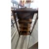 Image 6 : Antique Oak Curio Display Cabinet with Glass Door, Glass Shelves, and Carved Crest 60 x 28 x 13"