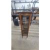 Image 7 : Antique Oak Curio Display Cabinet with Glass Door, Glass Shelves, and Carved Crest 60 x 28 x 13"