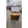 Image 1 : Antique Oak Washstand with Towel Rack Two Drawers, and Carved Lower Cabinet 49 x 32 x 18"