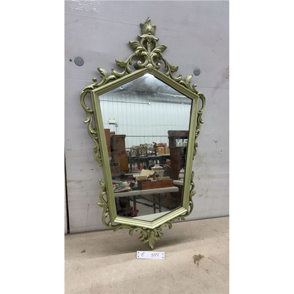 Vintage Rococo Hollywood Regency Style Sage Green Ornate Hexagonal Wall Mirror, C.