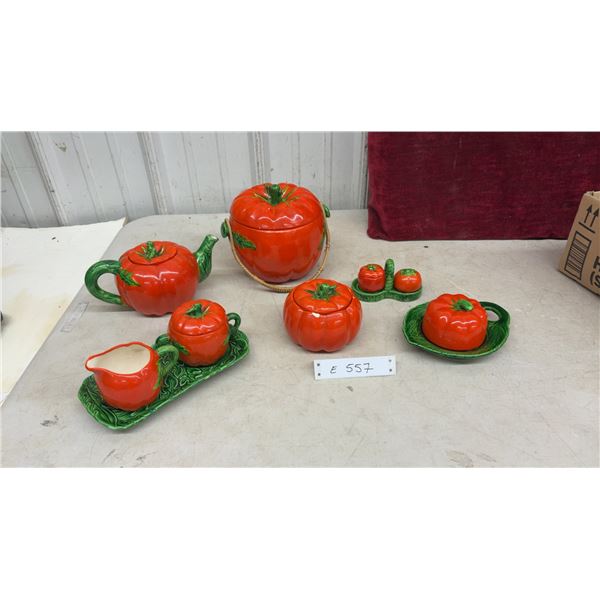 Vintage Majolica-Style Tomato-Shaped Ceramic Tableware Set, Teapot, Ice Bucket, and More