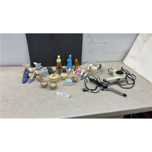 Two Italian Genuine Alabaster Floral Trinket Boxes, Miniature Ceramic Shoes & More