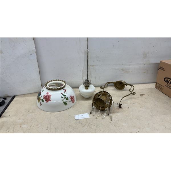 Antique Victorian Milk Glass Oil Lamp, Floral Shade, and Brass Hanging Fixture With Prisms