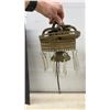 Image 8 : Antique Victorian Milk Glass Oil Lamp, Floral Shade, and Brass Hanging Fixture With Prisms
