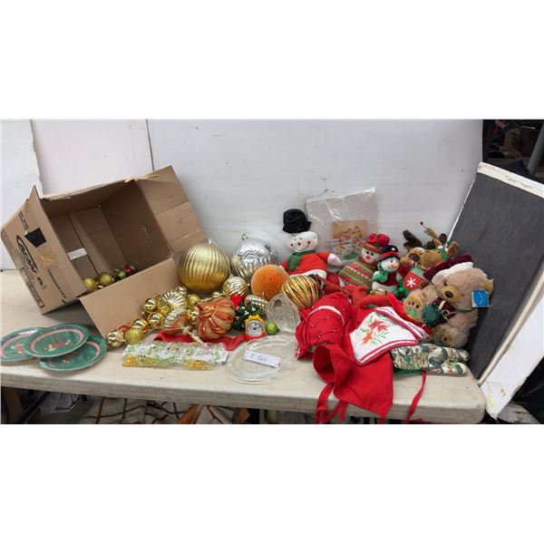 Assortment of Christmas Decorations Including Ornaments, Plush Snowmen, Plates, and More