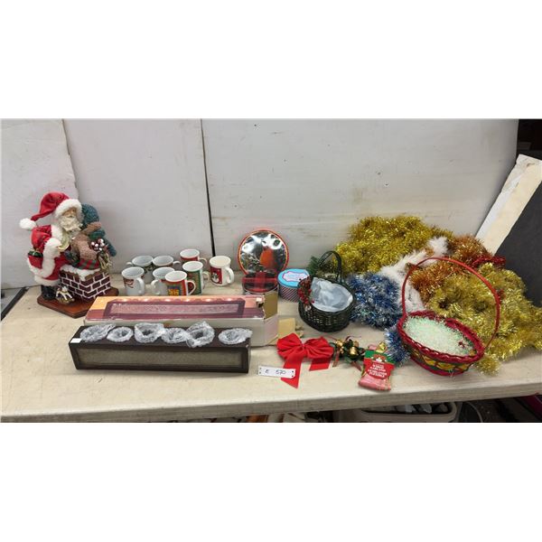 Christmas Lot: Santa Figurine, Holiday Mugs, New 6 Tea Light Candle Display, Tinsel Garland