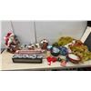 Image 1 : Christmas Lot: Santa Figurine, Holiday Mugs, New 6 Tea Light Candle Display, Tinsel Garland
