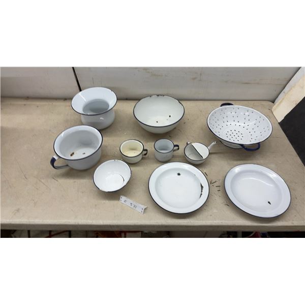 Vintage White Enamelware Set with Blue Rim, Chamber Pot, Colander, Bowls, Plates, Mugs and More