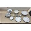 Image 1 : Vintage White Enamelware Set with Blue Rim, Chamber Pot, Colander, Bowls, Plates, Mugs and More