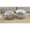 Image 2 : Vintage White Enamelware Set with Blue Rim, Chamber Pot, Colander, Bowls, Plates, Mugs and More