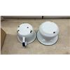 Image 4 : Vintage White Enamelware Set with Blue Rim, Chamber Pot, Colander, Bowls, Plates, Mugs and More