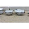 Image 5 : Vintage White Enamelware Set with Blue Rim, Chamber Pot, Colander, Bowls, Plates, Mugs and More