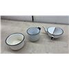 Image 6 : Vintage White Enamelware Set with Blue Rim, Chamber Pot, Colander, Bowls, Plates, Mugs and More