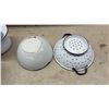 Image 7 : Vintage White Enamelware Set with Blue Rim, Chamber Pot, Colander, Bowls, Plates, Mugs and More