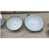 Image 9 : Vintage White Enamelware Set with Blue Rim, Chamber Pot, Colander, Bowls, Plates, Mugs and More