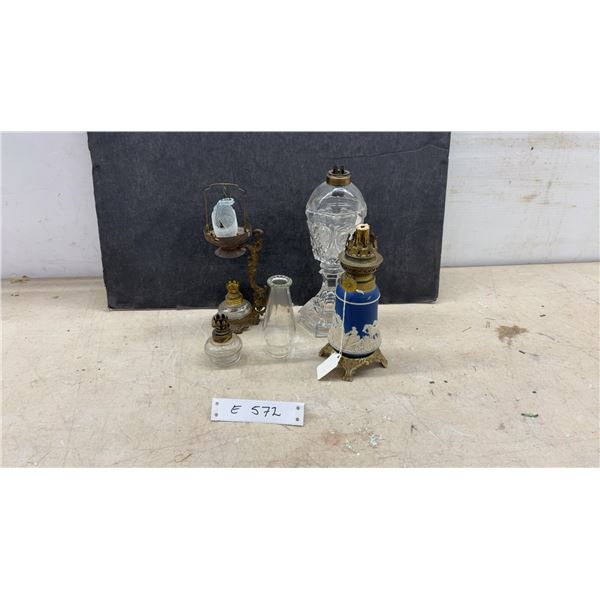 Vintage Oil Lamps, Pressed Glass, Blue Rare Jasperware Fox Hunt Miniature, Ornate Metal Stand