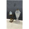 Image 2 : Vintage Oil Lamps, Pressed Glass, Blue Rare Jasperware Fox Hunt Miniature, Ornate Metal Stand
