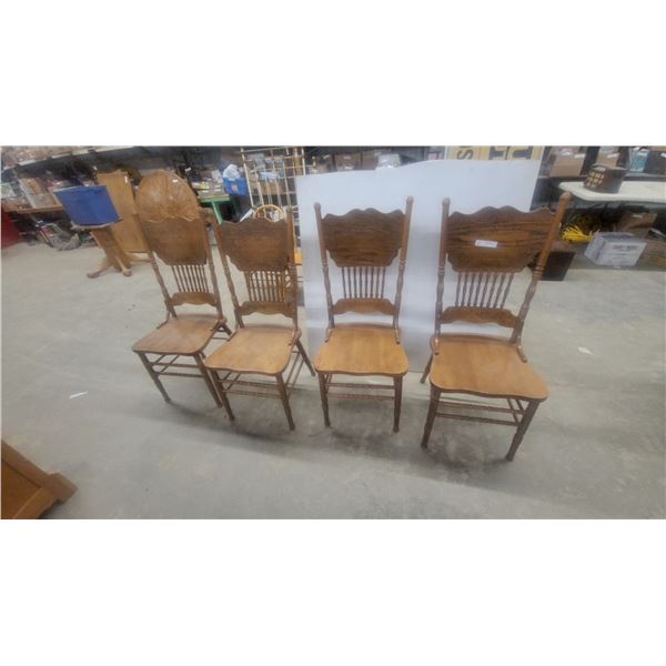Set of Four Antique Oak Double Press Back Dining Chairs with Carved Top Rails and Spindle Backs