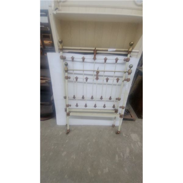 Antique Victorian Cream-Painted Iron and Brass Bed Headboard and Footboard with Ornate Details