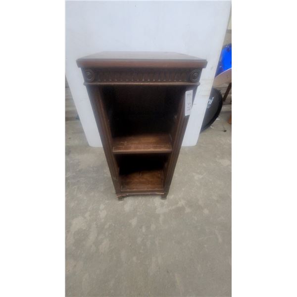 Vintage Classical Revival Dark-Stained Wooden Two-Shelf Open Side Table with Carved Detailing