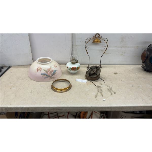 Antique Hand-Painted Opal Glass Hanging Parlor Lamp with Floral Design and More