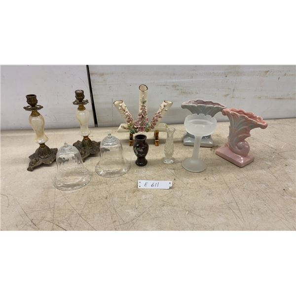 Pair of Onyx and Brass Candlesticks, Ceramic Cornucopia Vases, Glass Bells and More