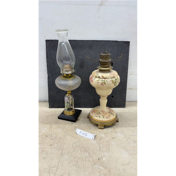 Antique Oil Lamps Including Frosted Glass Iris Lamp and Hand-Painted Floral Ceramic Lamp