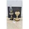 Image 1 : Antique Oil Lamps Including Frosted Glass Iris Lamp and Hand-Painted Floral Ceramic Lamp
