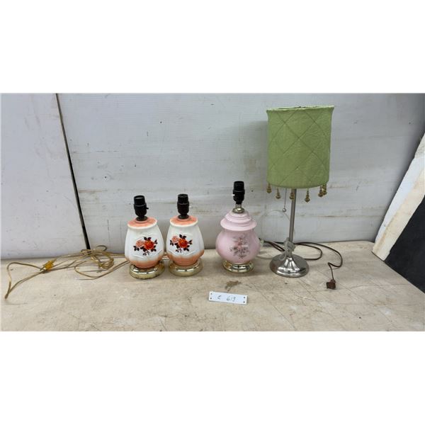 4 Accent Table Lamps: Rose Accent, No Shades & Chrome Lamp with Green Shade 20" H