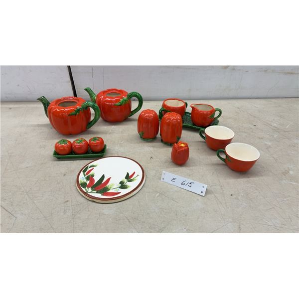 Vintage Tomato-Shaped Red Ceramic Tea Set with Teapots, Cups, Shakers, Creamer, and More