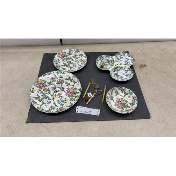Vintage Royal Tudor Ware Barker Bros Floral Bird Tiered Serving Stand Set with Brass Hardware