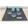 Image 1 : Vintage Fire King: Turquoise Opalware Creamer and Sugar Set (Small Chip on Creamer) & Three Clear