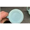 Image 3 : Vintage Fire King: Turquoise Opalware Creamer and Sugar Set (Small Chip on Creamer) & Three Clear