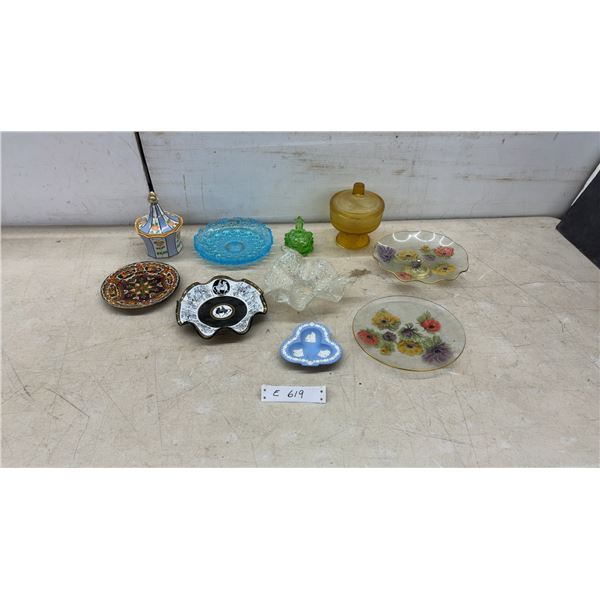 Clear Iridescent Carnival Style Bowl, Coloured Art Glass, Covered Candy Dishes & More