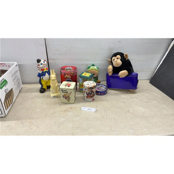 Ceramic Clown and Wabasso Bunny Banks, Assorted Tins, Plush Monkey and Bear, and More