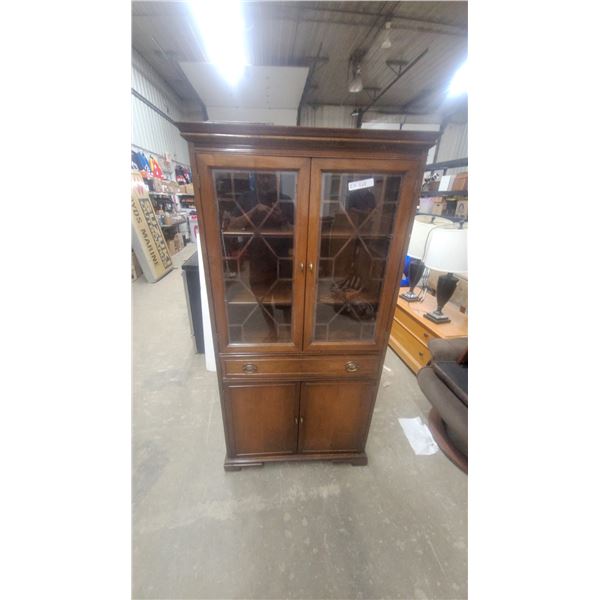 Traditional Dark Wood Corner China Cabinet with Diamond-Grid Glass Doors, Drawer, and Lower Cabinet