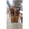 Image 1 : Traditional Dark Wood Corner China Cabinet with Diamond-Grid Glass Doors, Drawer, and Lower Cabinet
