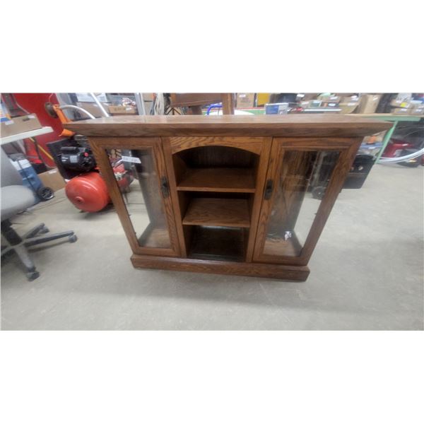 Oak Wooden Media Console with Two Glass-Front Cabinets and Central Arched Shelving Unit