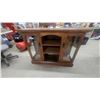 Image 1 : Oak Wooden Media Console with Two Glass-Front Cabinets and Central Arched Shelving Unit