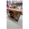 Image 3 : Oak Wooden Media Console with Two Glass-Front Cabinets and Central Arched Shelving Unit