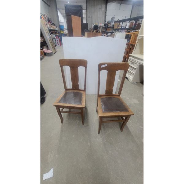 Pair of Vintage Oak Dining Chairs With Studded Leather Seats and Slatted Backrests