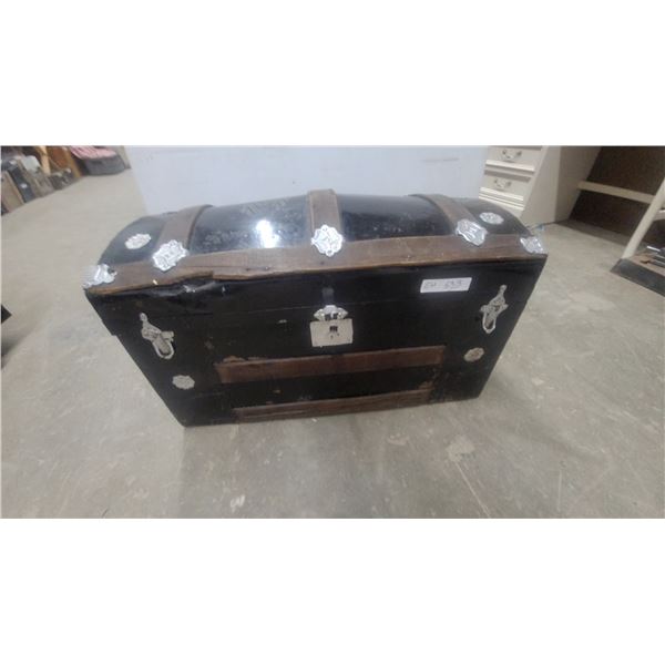 Antique Domed-Top Steamer Trunk with Wood Bands and Ornate Silver-Tone Hardware 17 x 30 x 15"