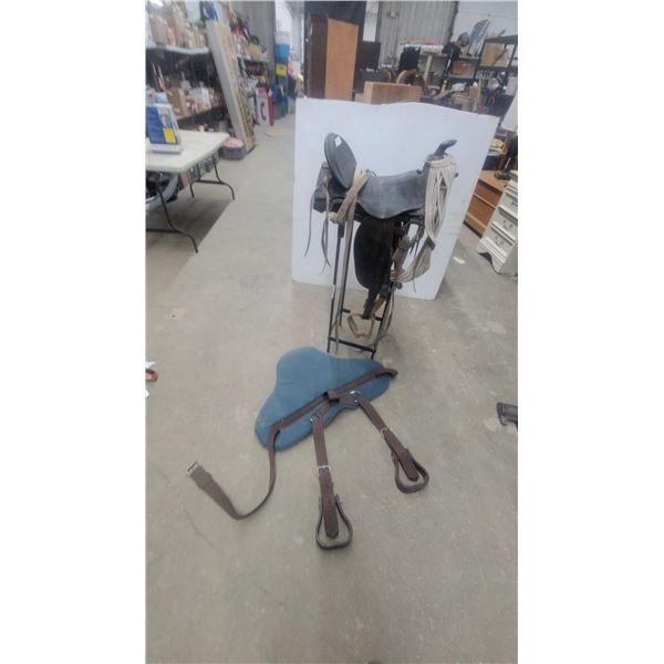 Western Saddle with Display Stand, and Blue Saddle Pad