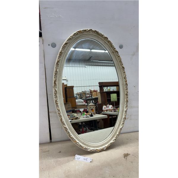 Oval Wall Mirror with Ornate Cream and Gold Distressed Floral Scrollwork Frame, 33 x 21"