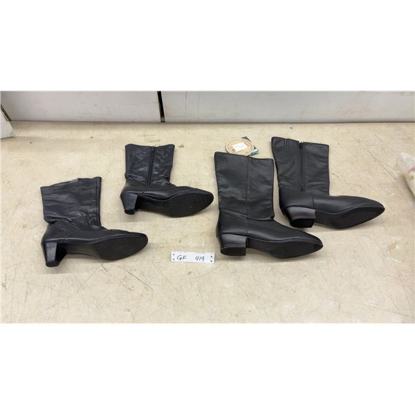 Two Pairs of Black Leather Women's Mid-Calf Boots with Block Heels and Side Zippers, Sz 9.5