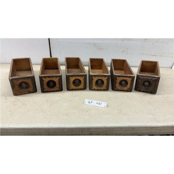 Set of Six Antique Hand-Carved Wooden Sewing Machine Drawers with Decorative Motifs