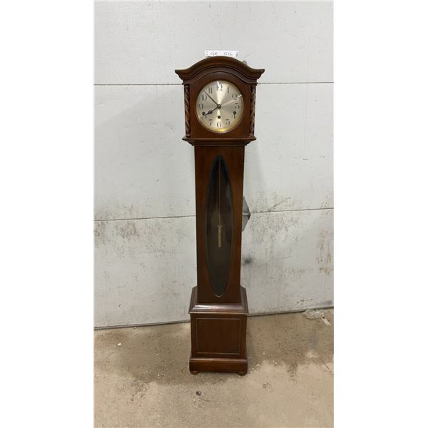Traditional Dark Wood Grandmother Clock with Barley Twist Columns and Brass Pendulum, 51 x 7 1/