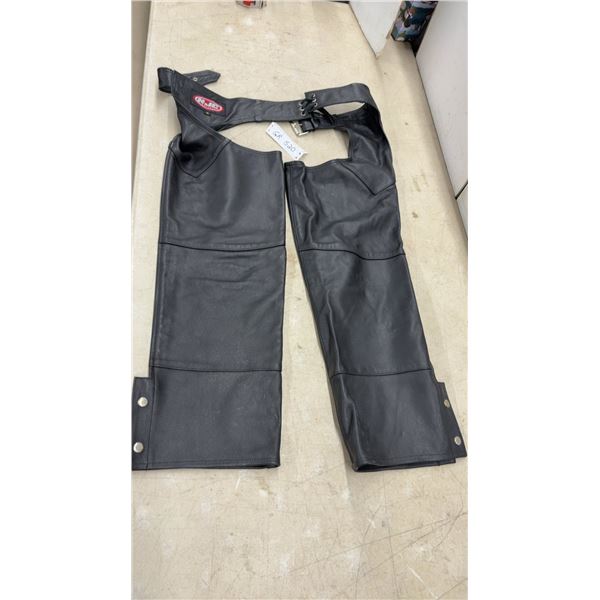 HJC Apparel Black Leather Motorcycle Chaps, Size Small, Buckle and Lace Waist
