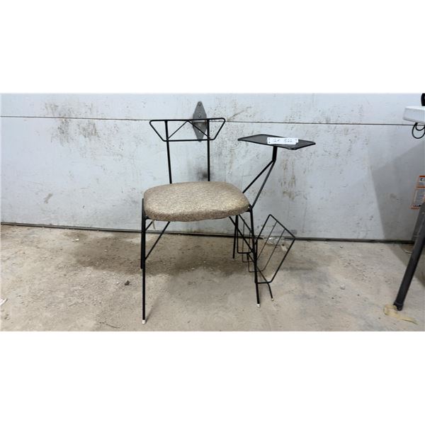 Mid-Century Modern Gossip Bench with Wrought Iron Frame, Upholstered Seat and Magazine Rack