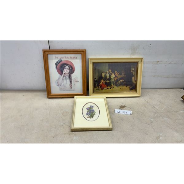 Set of 3 Framed Prints Including Ladies' Home Journal May 1909, Children Playing and Petit Point